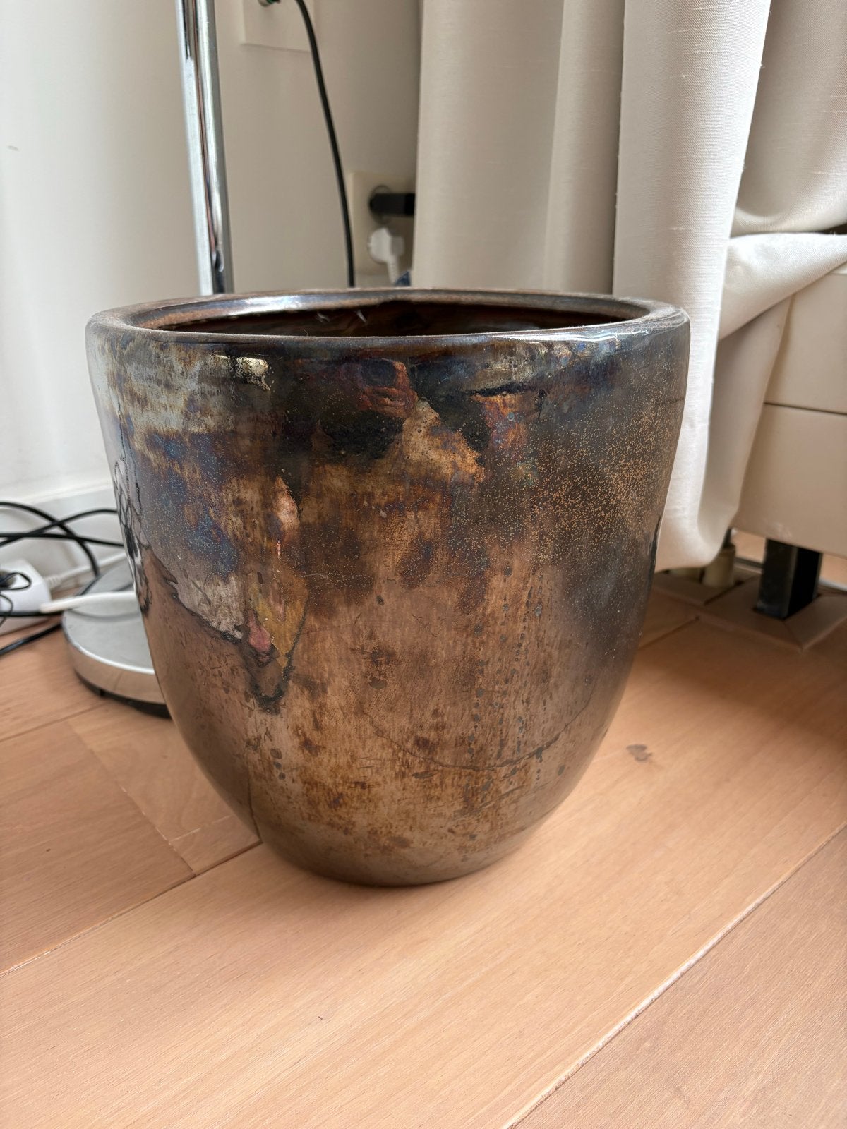 Bloempot sierpot bruin metallic parelmoer binnen, Ophalen, Overige materialen, Gebruikt, Minder dan 30 cm