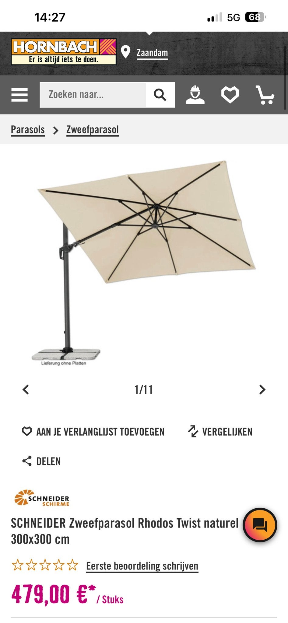 Schneider Zweefparasol Rhodos Twist naturel 300x300 nieuw, Tuin en Terras, Ophalen, Kantelbaar, Nieuw, 2 tot 3 meter