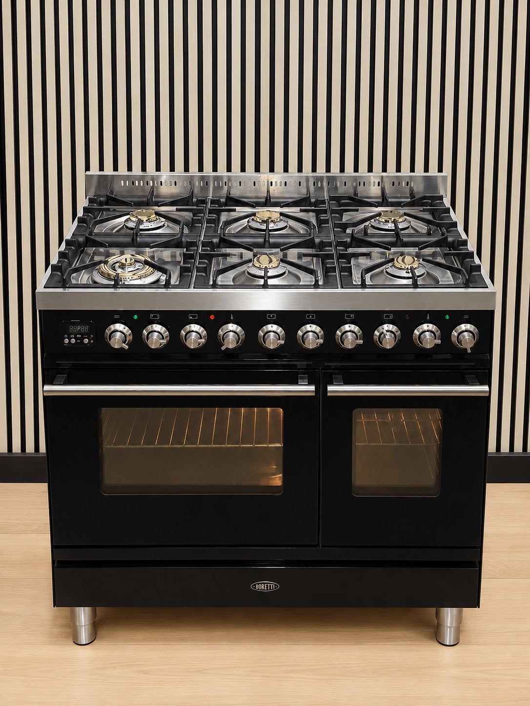 Luxe Boretti Fornuis zwart hoogglans 6 pits Incl. Afzuigkap, Fornello Esperta, Ophalen of Verzenden, Zo goed als nieuw, Energieklasse A of zuiniger