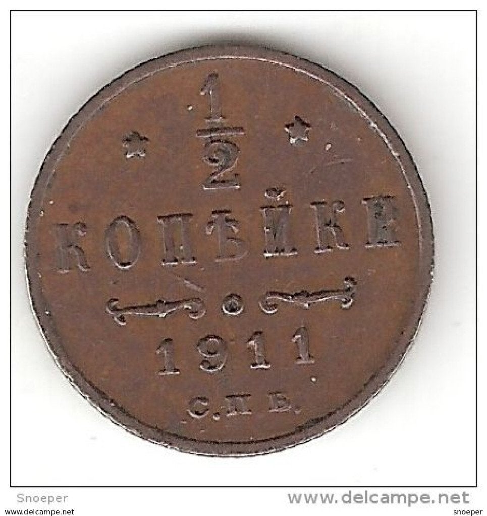 Russia 1/2 kopek 1911 km 48.1 vf+ catalog val 25,00$, Verzenden, Rusland, Losse munt