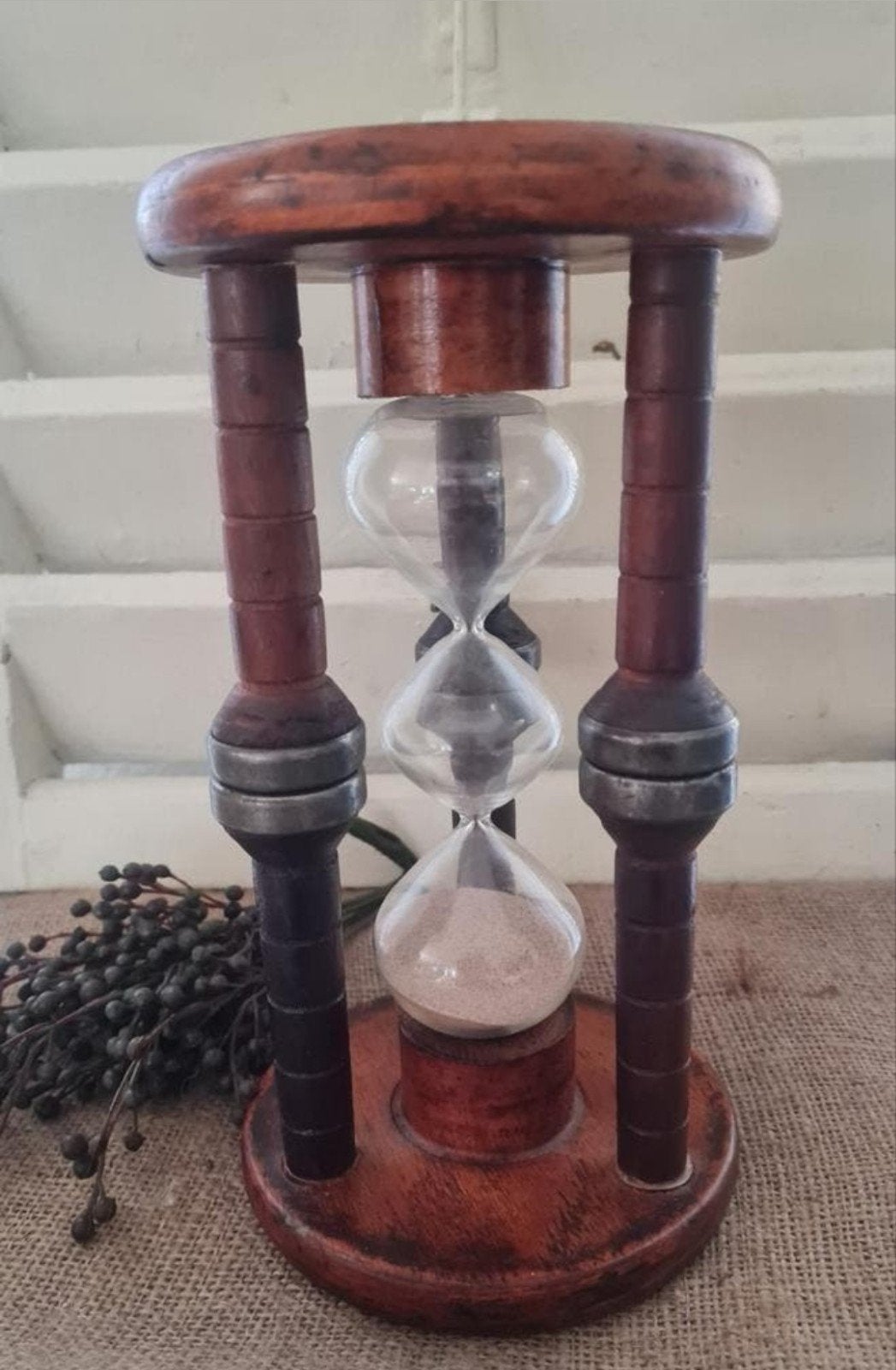 Antieke houten zandloper met 3 niveaus, Ophalen of Verzenden