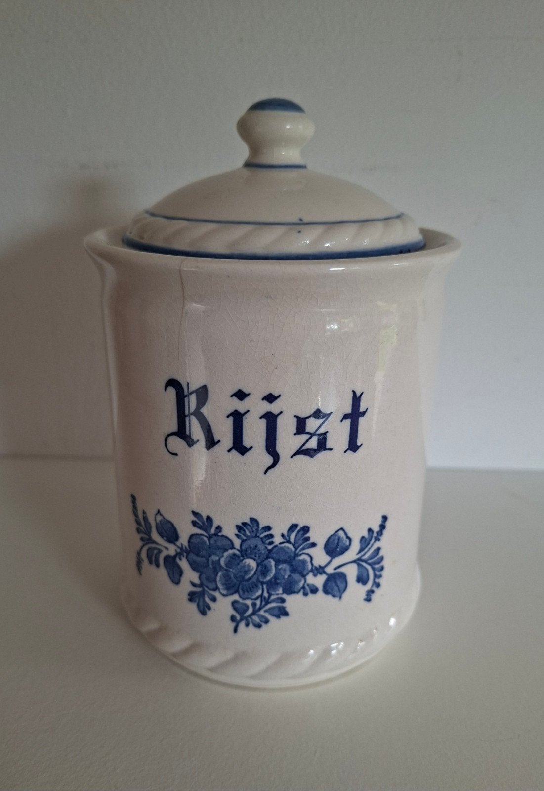 Vintage voorraadpot "Rijst" Delfts Blauwe Stijl, Gebruikt, Ophalen of Verzenden, Voorraadpot, Steen/keramiek