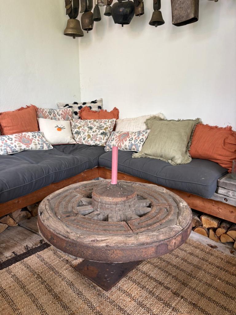 Unieke salontafel van antiek wagenwiel - 85cm diameter, Ophalen, Gebruikt, Rond, 50 tot 100 cm