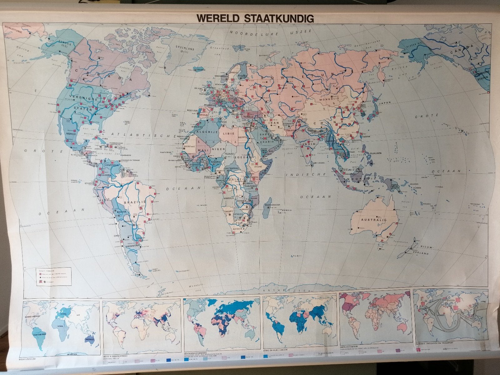 Vintage Wereldkaart Schoolplaat Jaren '70 - 110x160 cm, Ophalen, Aardrijkskunde
