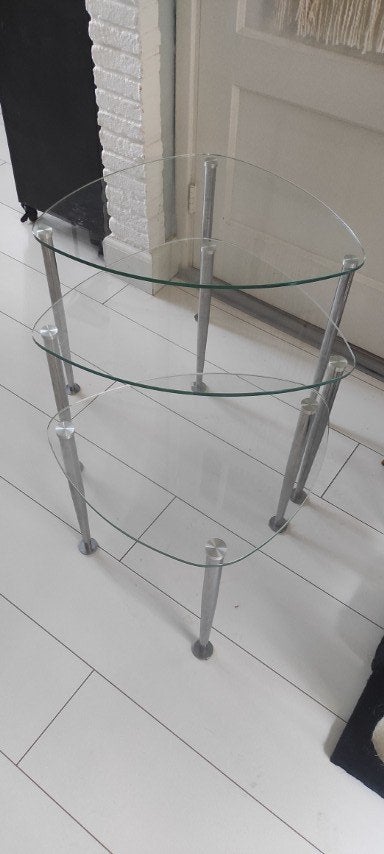 Vintage bijzettafeltjes glas chroom 3x, Minder dan 55 cm, Gebruikt, Glas, Overige vormen