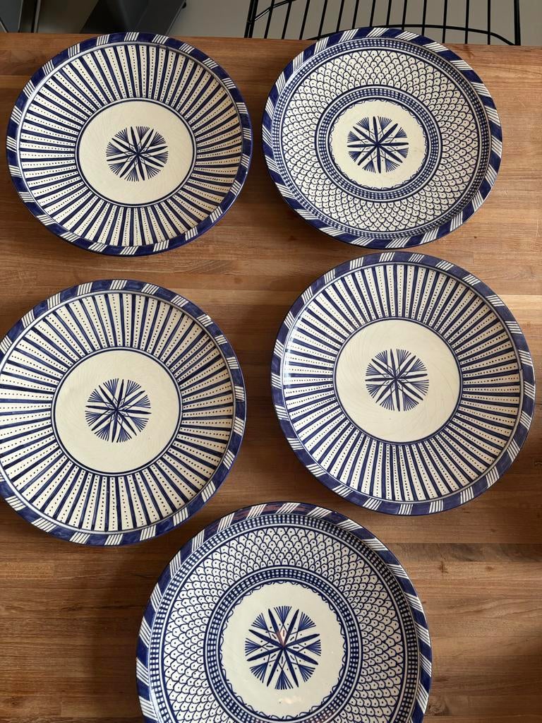 5 Marokkaanse dinerborden - Blauw/wit aardewerk 28cm, Huis en Inrichting, Keuken | Servies, Gebruikt, Ophalen of Verzenden, Bord(en)