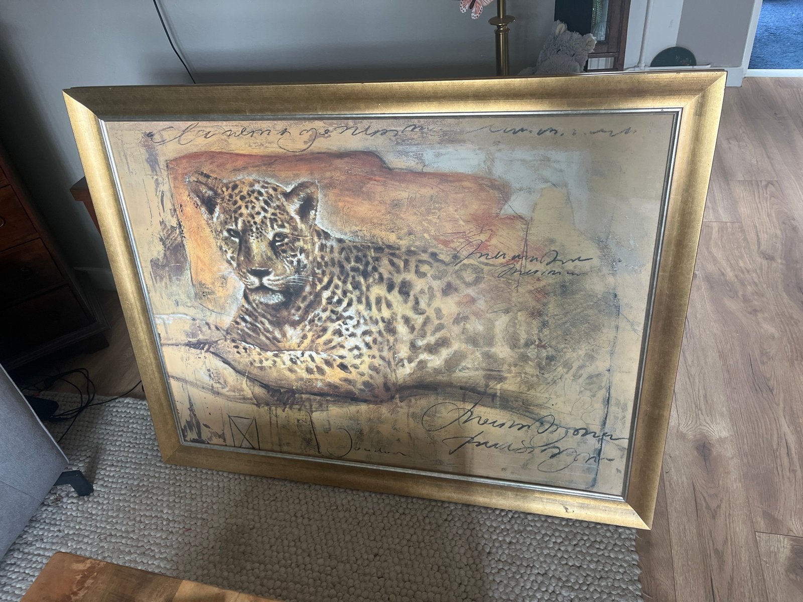 Schilderij luipaard met gouden lijst - 133x103 cm, Antiek en Kunst, Kunst | Schilderijen | Modern, Ophalen, Ingelijst, Dieren