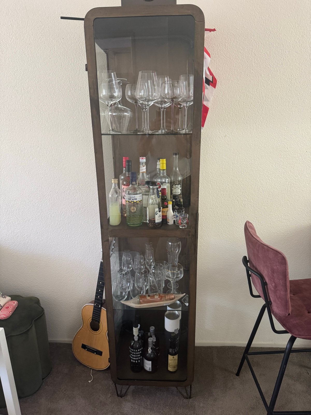 Glazen vitrinekast met metalen frame, Ophalen, Met plank(en), Minder dan 50 cm, Gebruikt