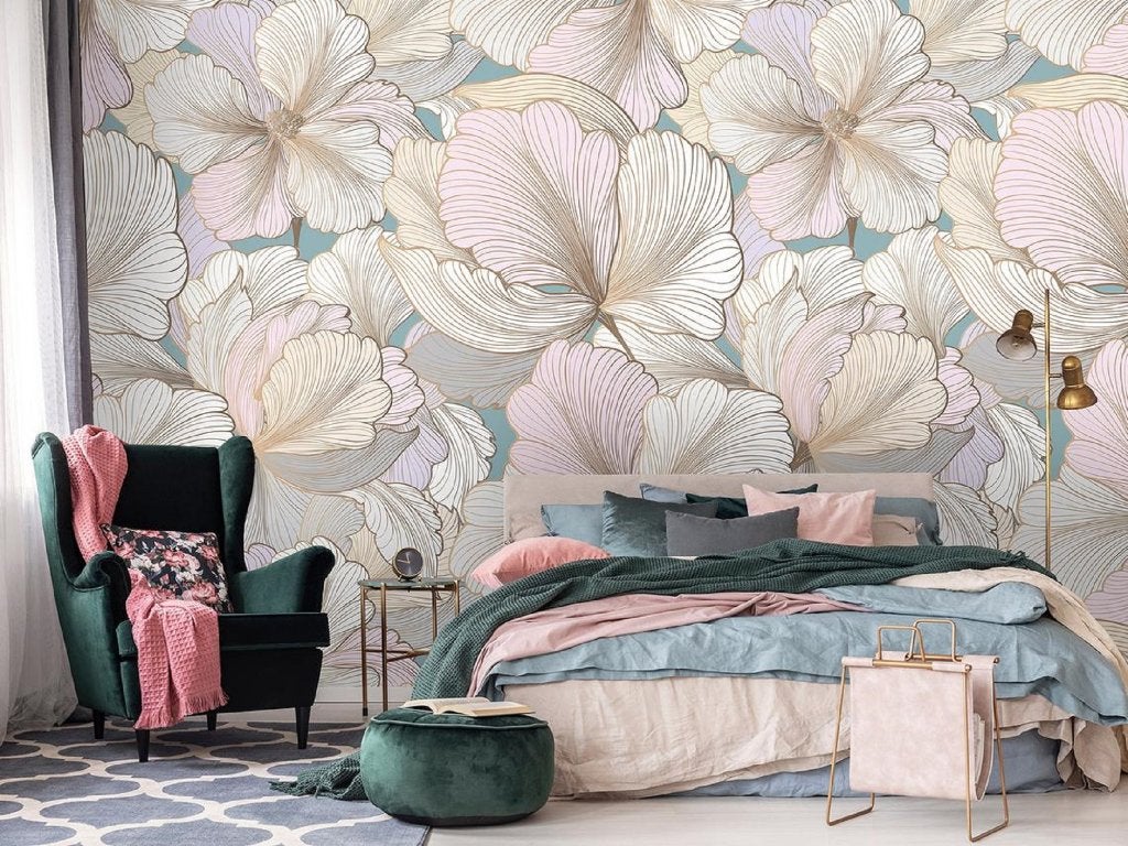 Grote pastel bloemen fotobehang, bloemenbehang, trendy, Ophalen of Verzenden, Fotobehang