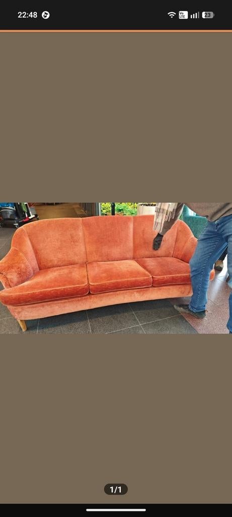 Vintage 3-zits bank in oranje stof, Huis en Inrichting, Banken | Bankstellen, Ophalen, Gebruikt, Driepersoons, 75 tot 100 cm