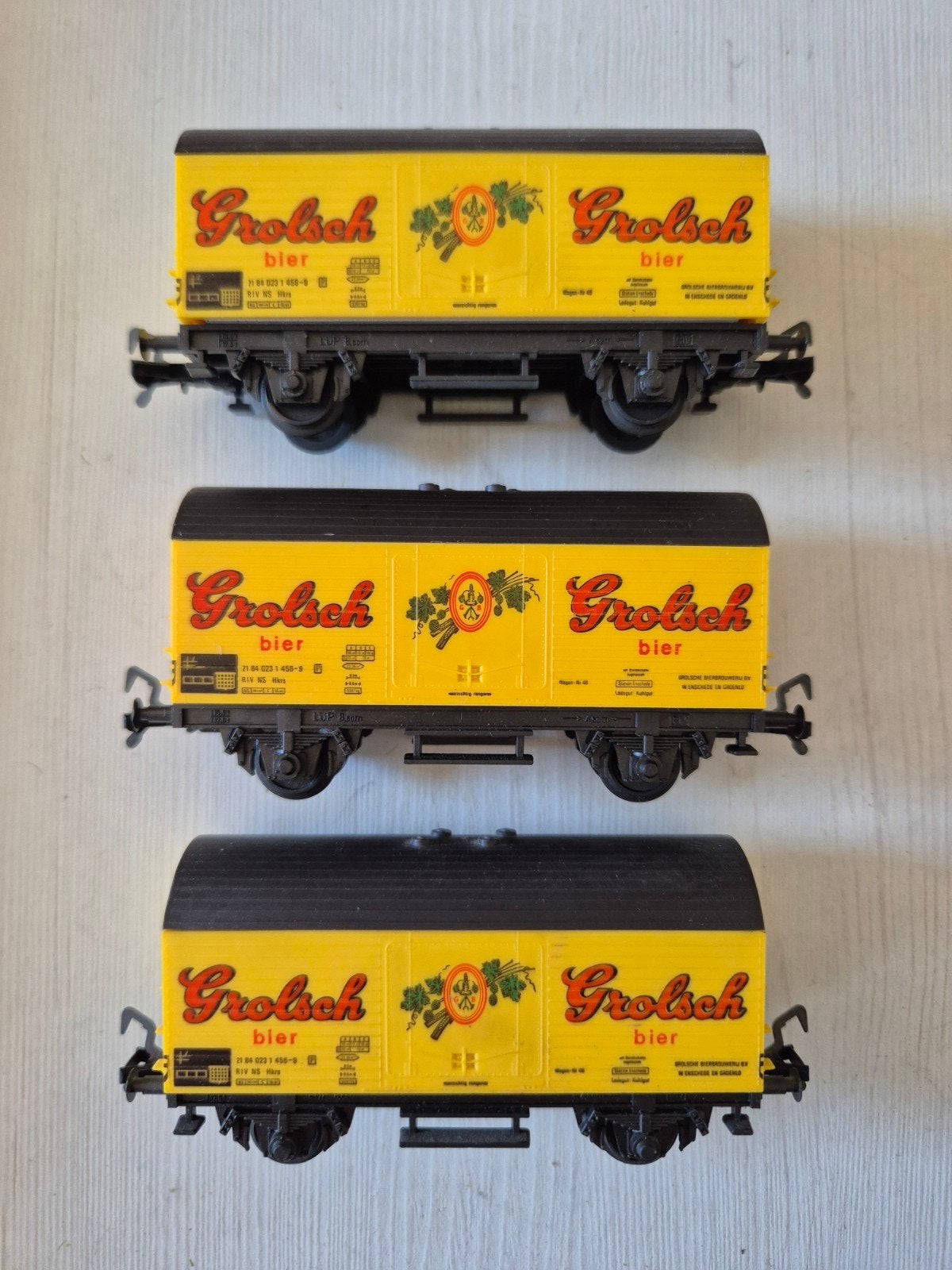 7 Nette Fleischmann H0 NS Grolsch wagons, Gebruikt, Gelijkstroom, Fleischmann, Wagon