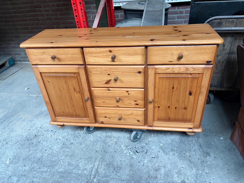 Grenen houten dressoir met laden en deuren, Ophalen, 100 tot 150 cm, Met lade(s), Grenenhout