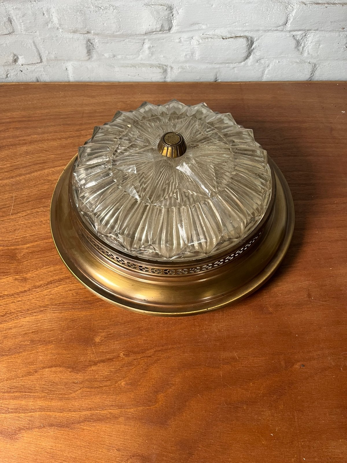 XL Vintage Plafonnière Messing & Geslepen Glas Jaren 70 45cm, Ophalen, A, A, A
