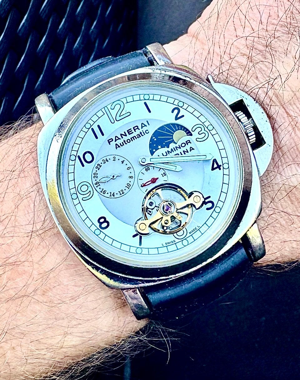 PANARAI LUMINOR MARINA AUTOMAAT MET OPEN TOURBILLON, Gebruikt, Staal, Polshorloge, Overige materialen