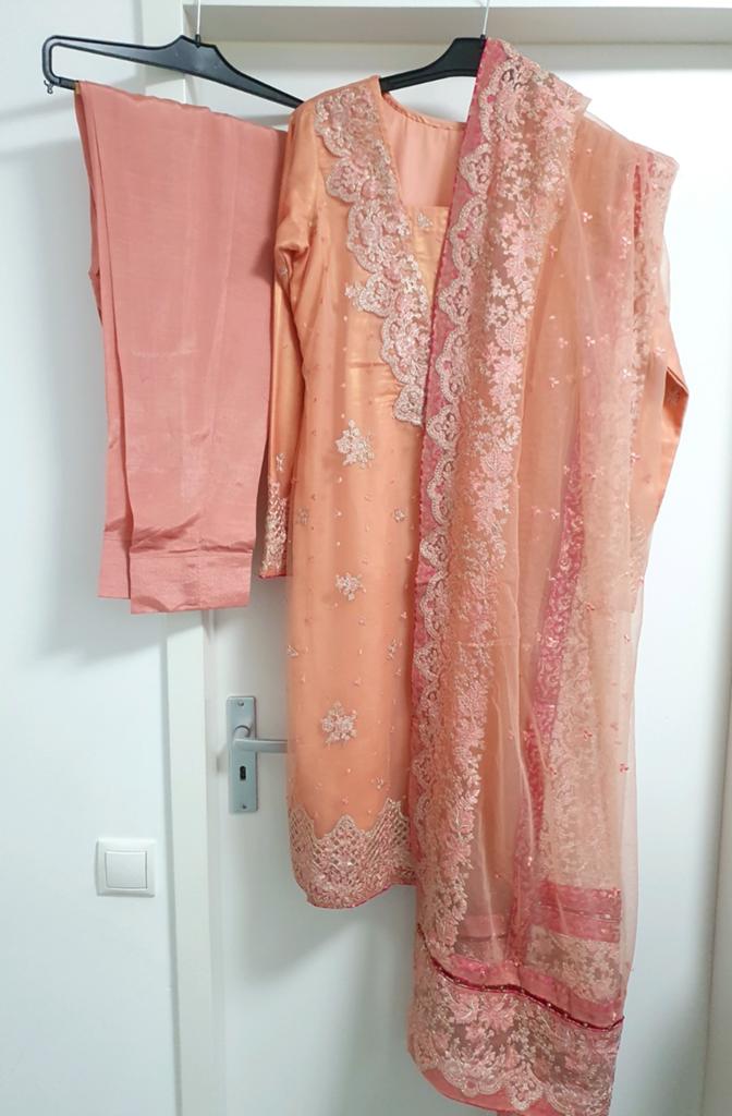 Nieuw 3-delig geborduurd Indiaas pak oranje roze - Maat M, Maat 38/40 (M), Overige typen, Nieuw, Oranje