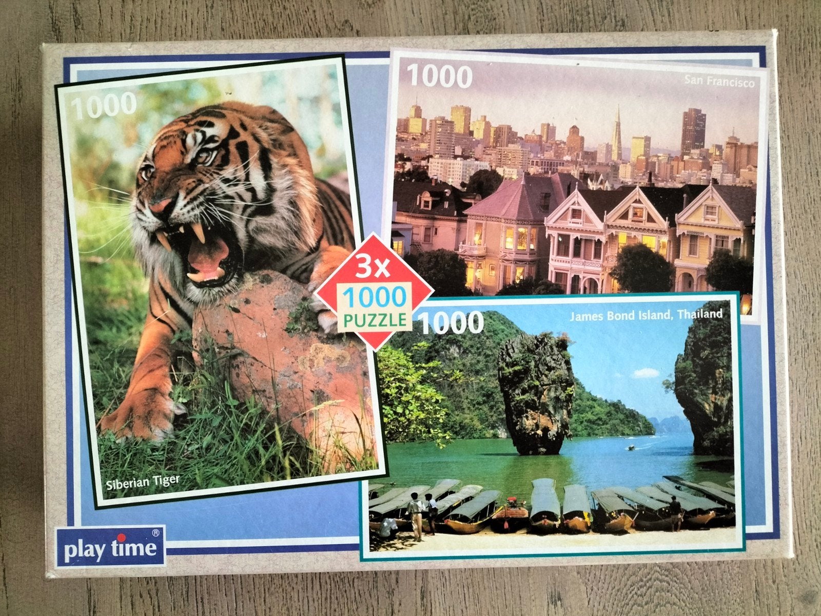 doos met 3 puzzels kompleet 1000 st p puzzel, Ophalen of Verzenden, 500 t/m 1500 stukjes, Gebruikt, Legpuzzel