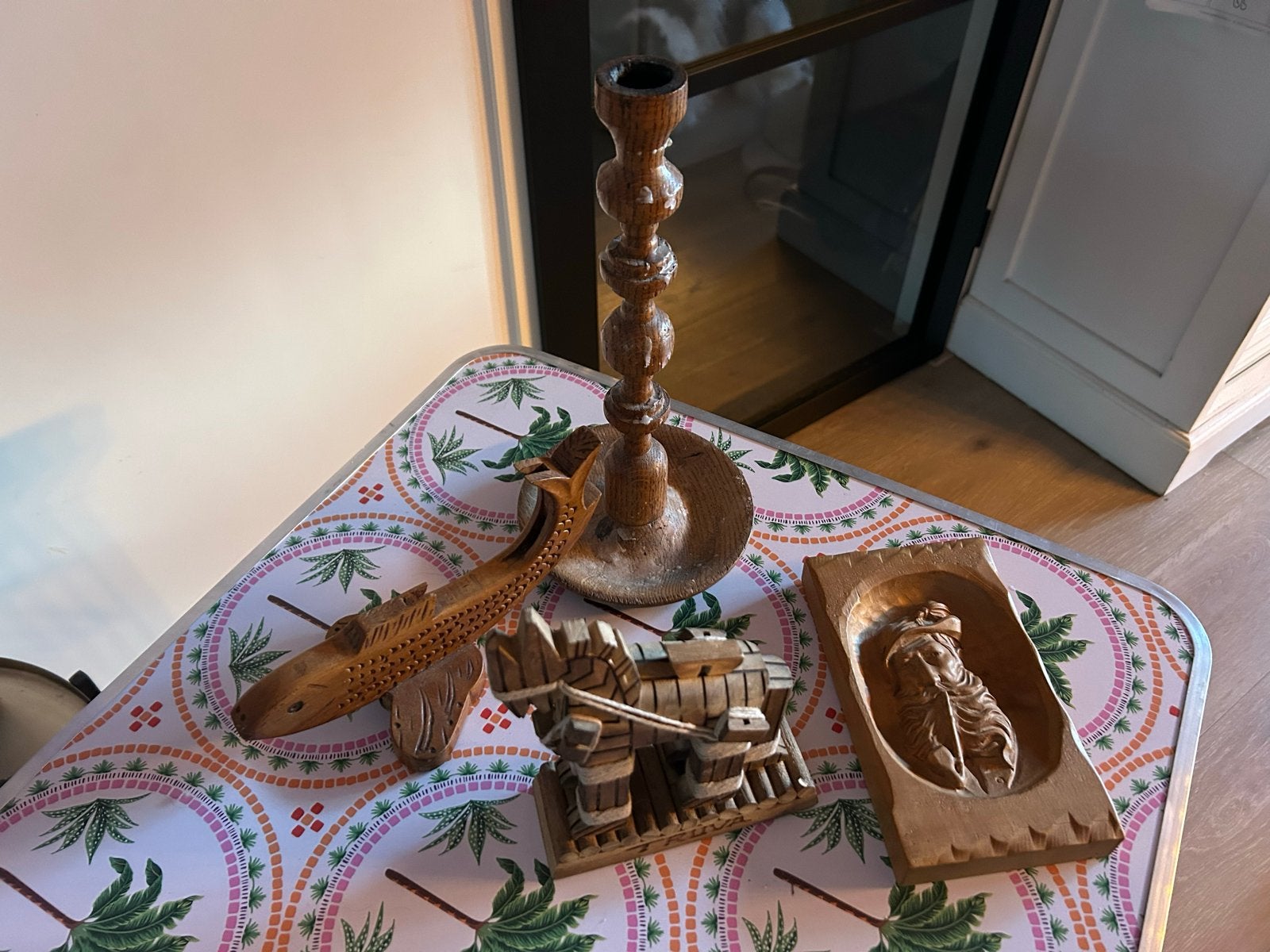 Houten decoratie set: kandelaar, vis, kar en bakje, Ophalen of Verzenden