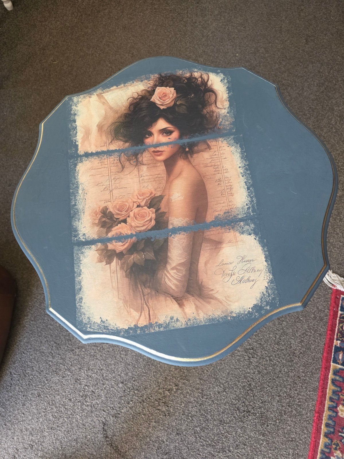 Decoupage bij zet tafel, Ophalen of Verzenden, Zo goed als nieuw, Rechthoekig, Minder dan 55 cm