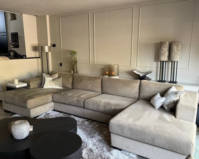 Prachtige velvet hoekbank van Het Posthuys met fauteuil, Ophalen, 100 tot 125 cm, Hoekbank, 300 cm of meer
