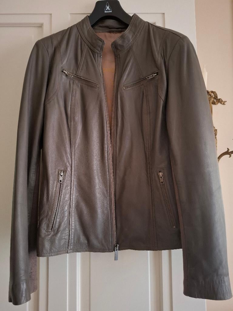 Khaki leren jas met inzetstukken van textiel, Overige kleuren, Transmission, Maat 42/44 (L), Ophalen of Verzenden