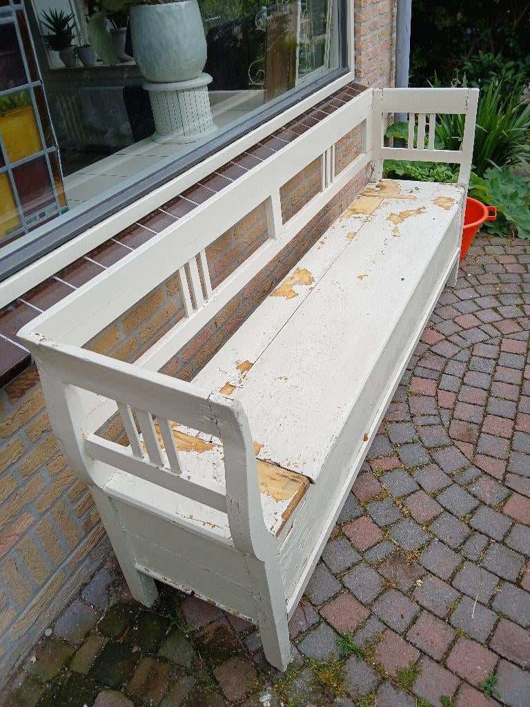 oude, houten eetkamerbank met opbergruimte, Ophalen, Gebruikt, Minder dan 75 cm, Rechte bank