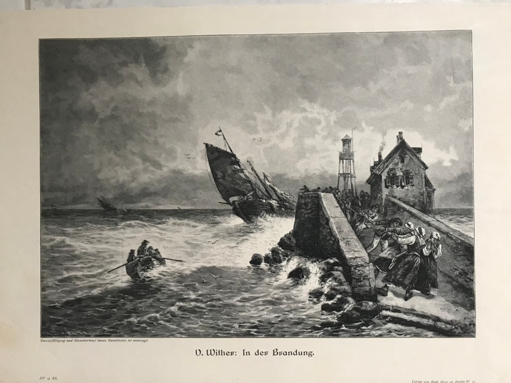 V. Wither 1900: In der Brandung, or. gravure, 31x22cm. Mooi!, Origineel, Ophalen of Verzenden, Landschap, 1800 - 1899