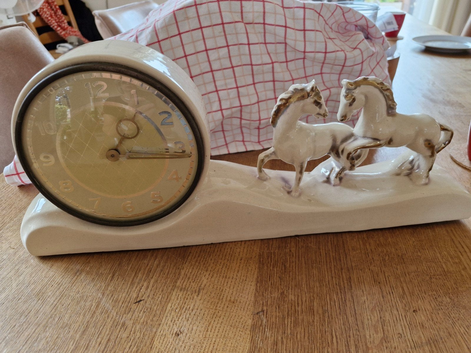Vintage Stenen Pendule met Twee Paardenbeeldjes, Ophalen of Verzenden