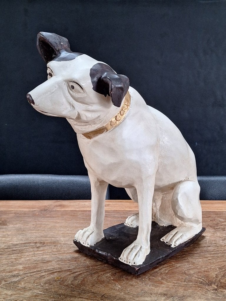 vintage houten beeld sculptuur Nipper RCA hond h= 38cm, Antiek en Kunst, Ophalen of Verzenden, Zoogdier, 20 - 50 cm, Beeld