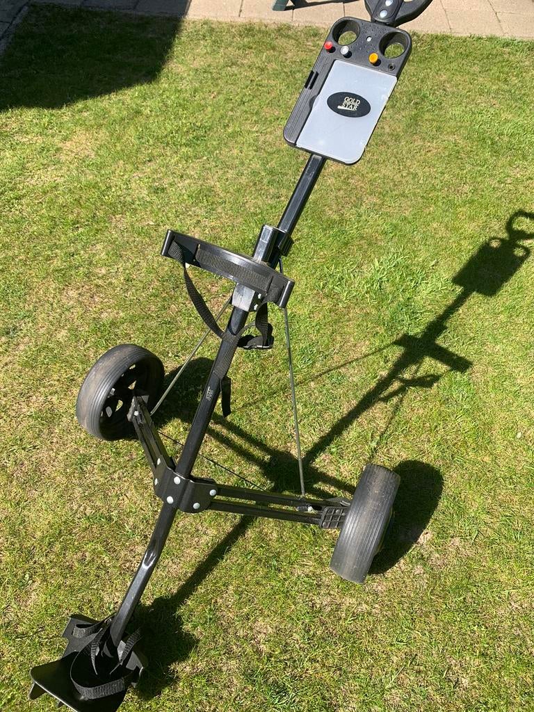 Golfkar 2wielen met kaarthouder en riempjes, Sport en Fitness, Golf, Ophalen, Gebruikt, Golfkar