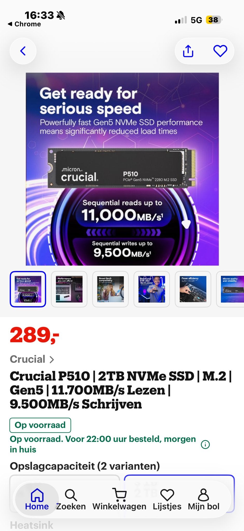 Crucial P510 2TB Gen5 NVMe SSD, Ophalen, Thunderbolt, Server, SSD