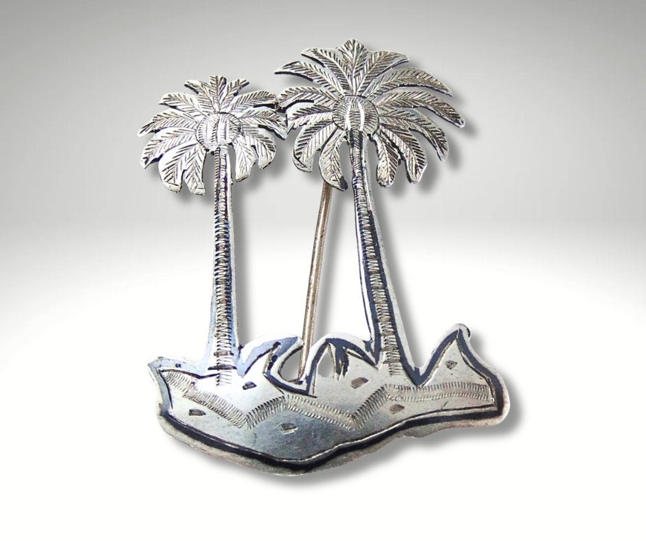 Antieke zilveren PALMBOMEN tropisch eiland broche!, 4 tot 7 cm, Verzenden, Zo goed als nieuw, X
