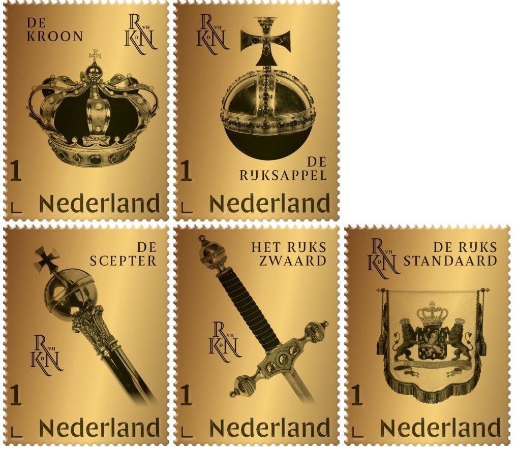 PostNL Regalia Koninkrijk goud - 5x Gouden Postzegelset, Postzegels en Munten, Ophalen of Verzenden, Na 1940, Postfris