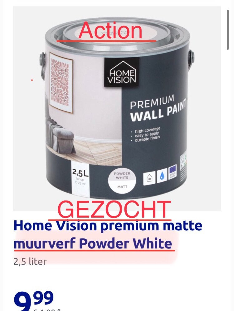GEZOCHT : Powder White ~Action~ Muurverf, Overige kleuren, Ophalen of Verzenden, Minder dan 5 liter, Verf