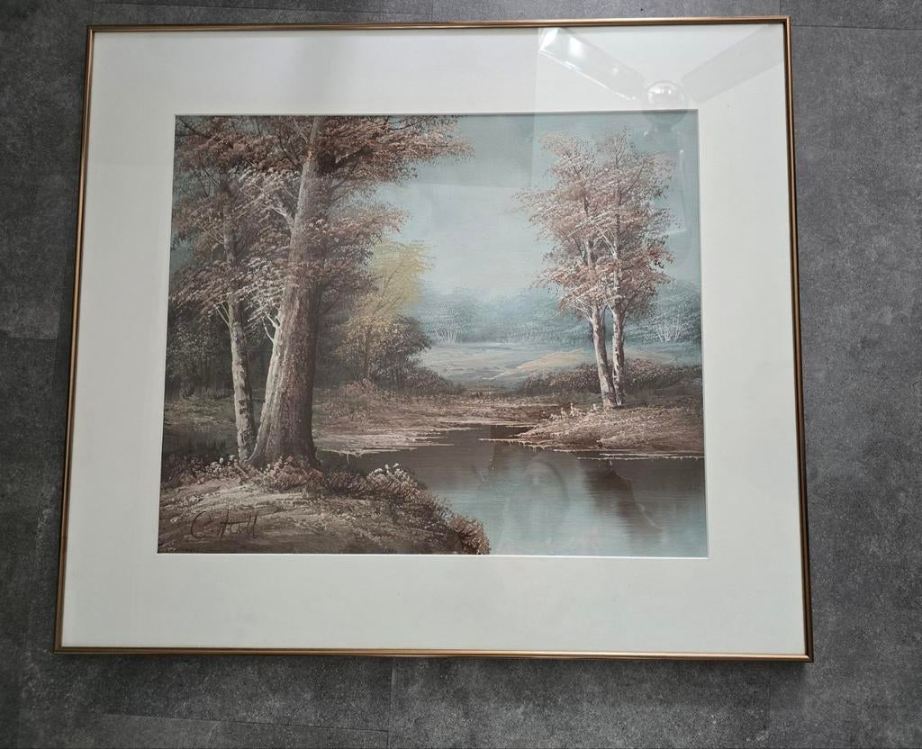 Schilderij C. Hall in passe-partout, 80x70 cm, Antiek en Kunst, Kunst | Schilderijen | Klassiek, Ophalen of Verzenden