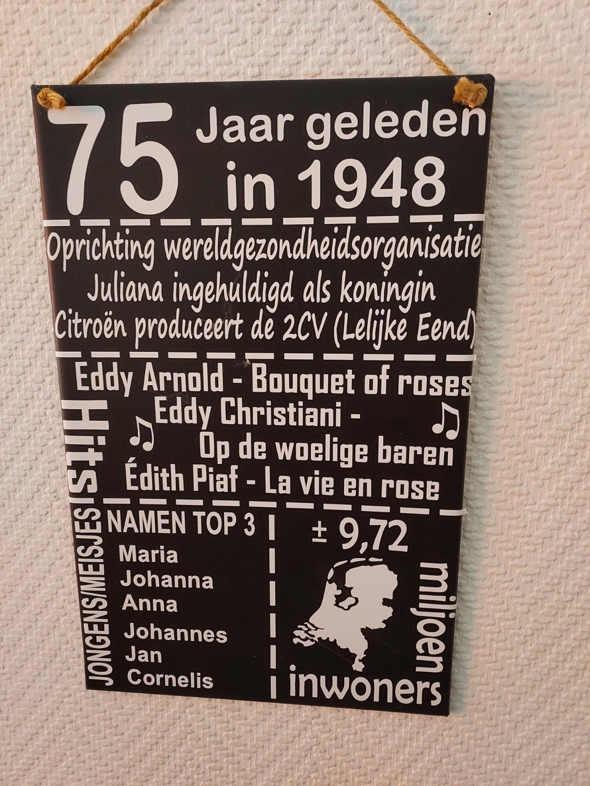 Bord '75 Jaar geleden in 1948' - Nostalgisch cadeau, Vintage, Zwart, Ophalen of Verzenden, Zo goed als nieuw