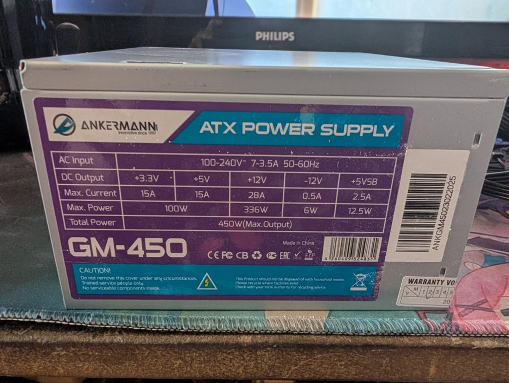 Ankermann GM-450 ATX Voeding 450W, Computers en Software, Interne voedingen, Ophalen of Verzenden, Gebruikt