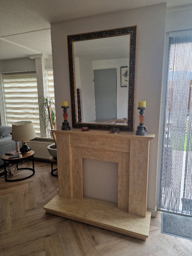 Decoratieve schouw/sfeerhaard van travertin, Ophalen, Zo goed als nieuw, Vrijstaande haard, Overige soorten