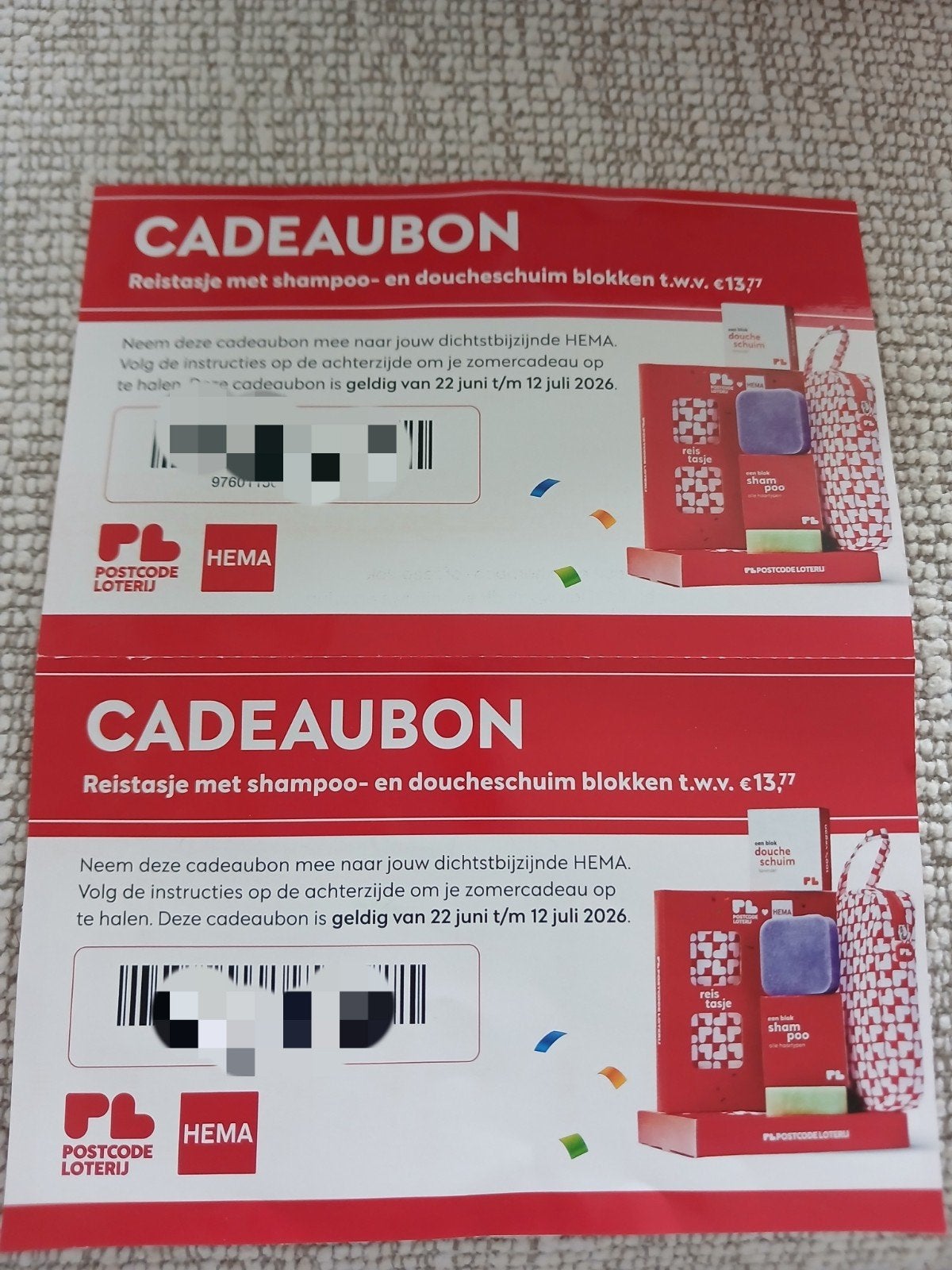 2 kadobonnen Postcodeloterij, Tickets en Kaartjes, Twee personen, Cadeaubon, Warenhuis- of Winkelbon
