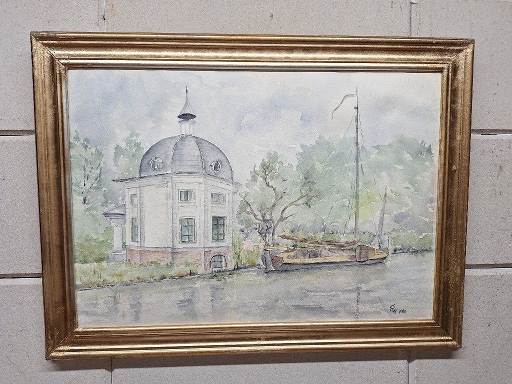 Schilderij van een gebouw aan het water met boot, Realistisch, Ophalen of Verzenden, Landschap, Aquarel