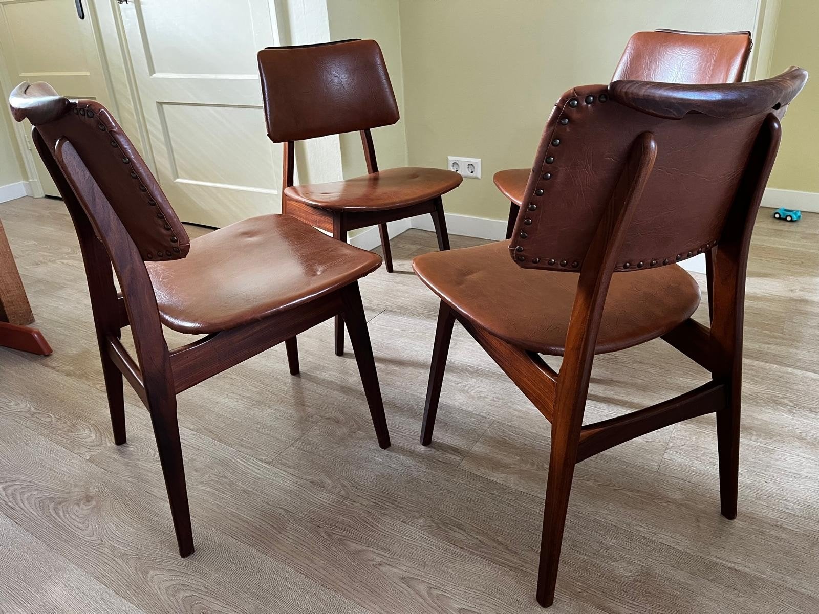 4 vintage eetkamerstoelen 70's, Ophalen, Bruin, Vintage, Hout