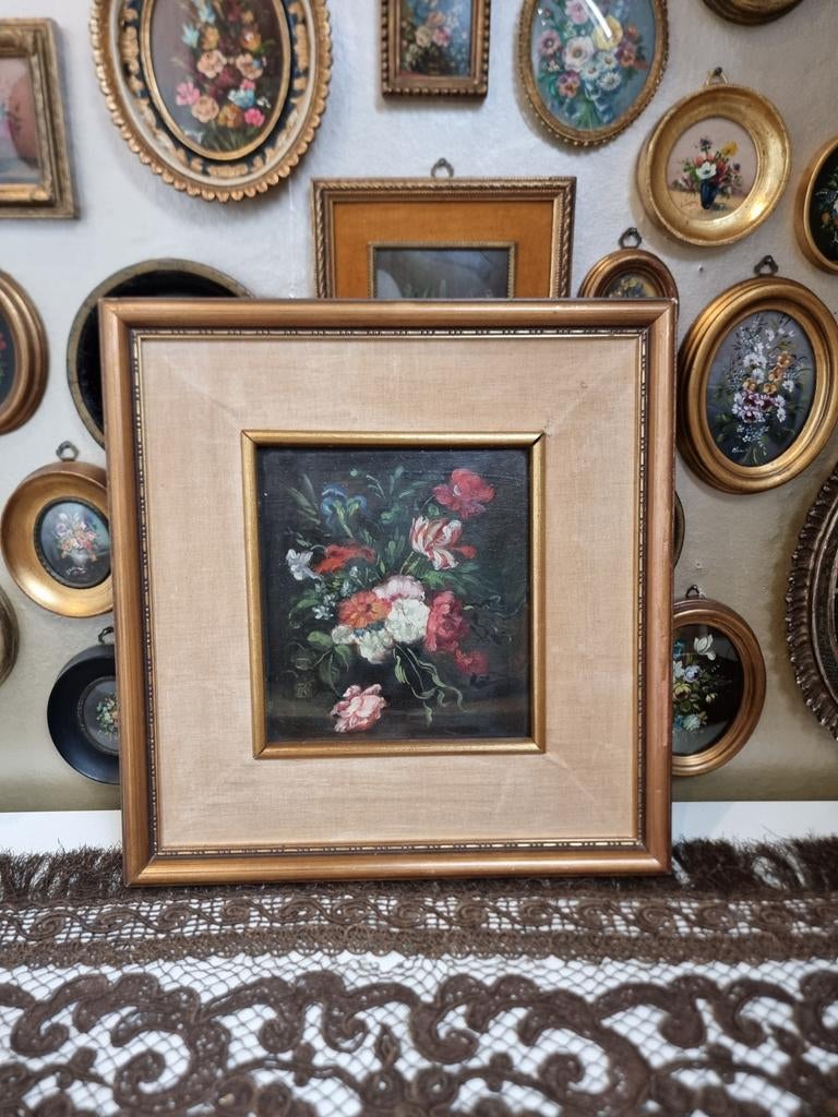 Oud olieverf olieverfschilderij schilderij bloemen S21, Antiek en Kunst, Curiosa en Brocante, Ophalen of Verzenden