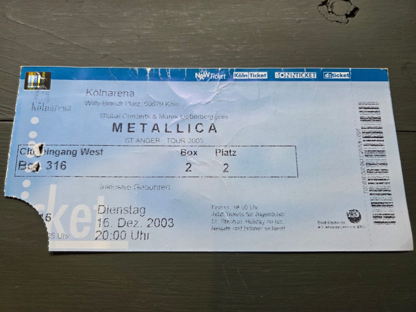 Metallica concertticket Kölnarena Keulen  2003, Verzamelen, Ophalen of Verzenden, Gebruikt, Overige typen