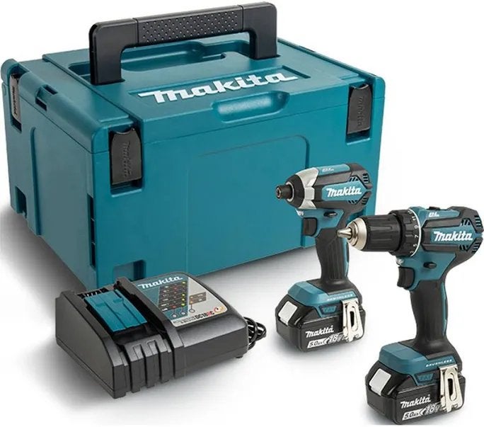 Makita 18V Combiset – 2 machines + 2 accu’s + lader + koffer, Ophalen of Verzenden, Zo goed als nieuw, Boor- en Schroefmachine