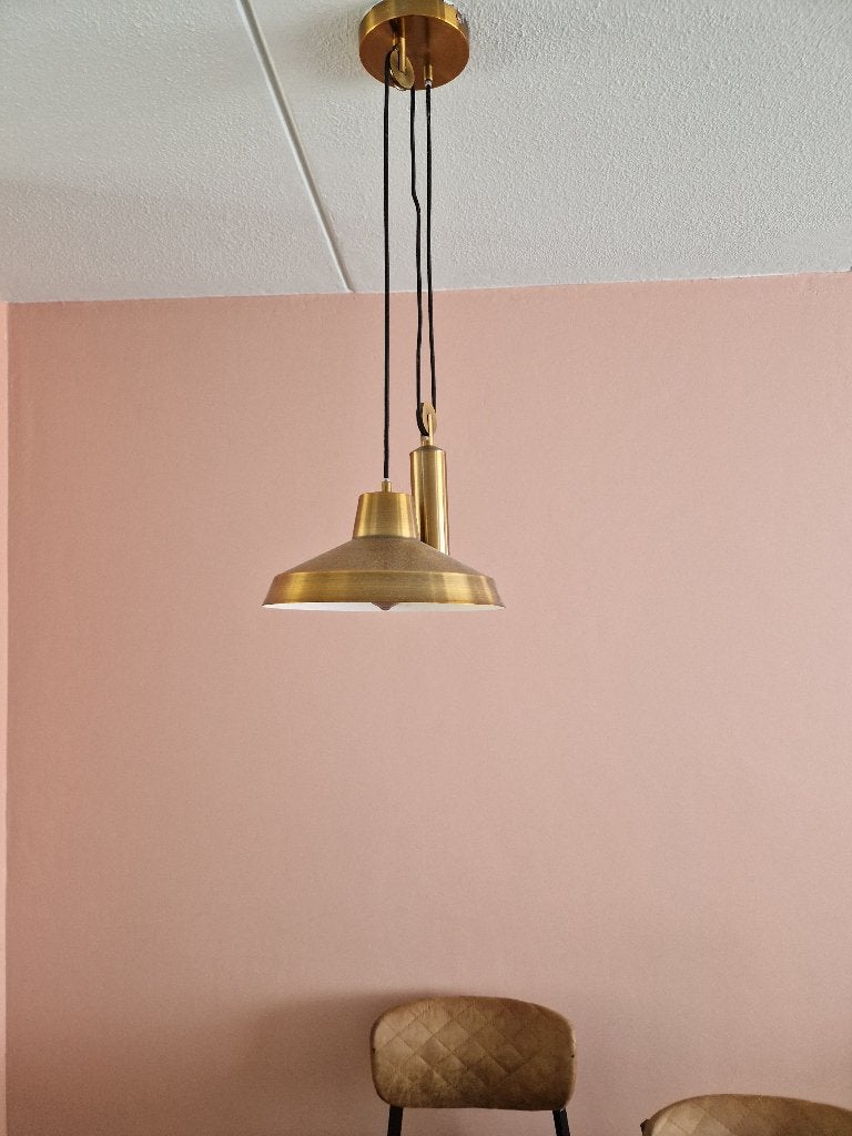 Vintage messing hanglamp met katrol - in hoogte verstelbaar, Ophalen, Gebruikt, E27 (groot), Metaal