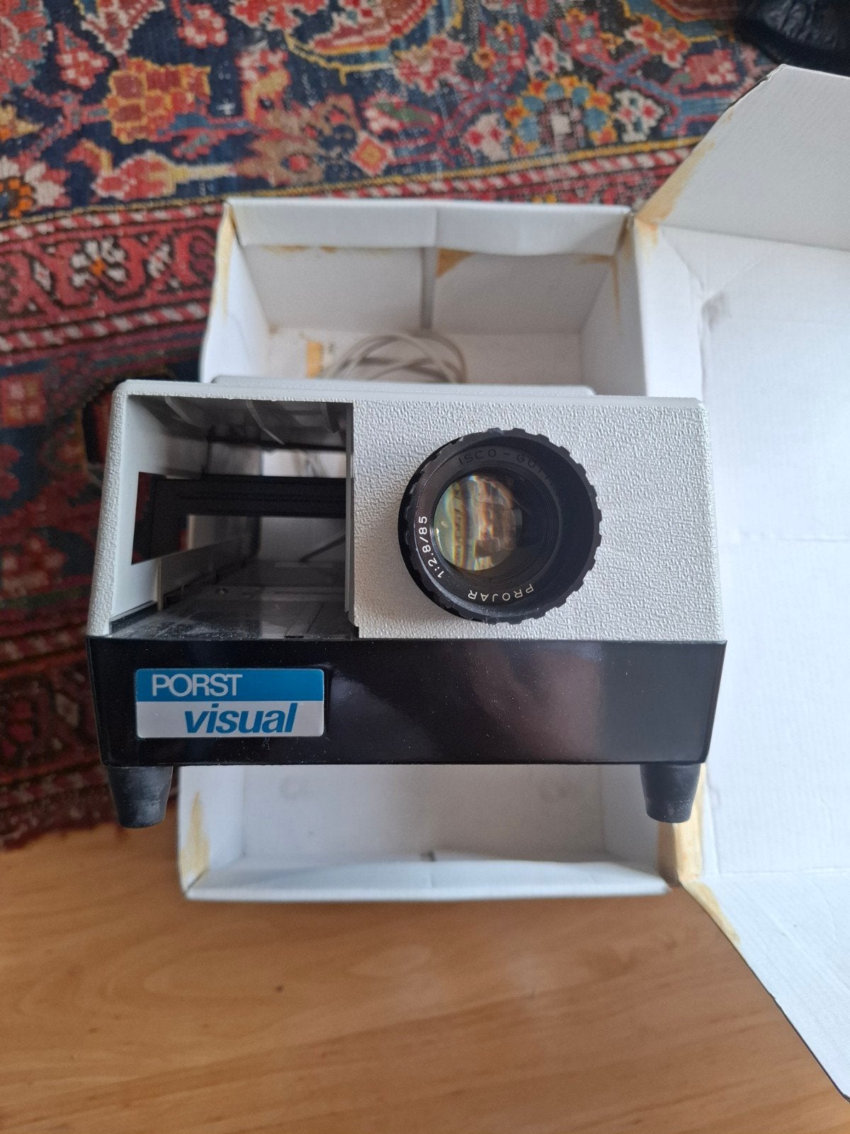 Vintage Porst Visual diaprojector met Liesegang diaframes, Ophalen of Verzenden, Gebruikt, Met scherm