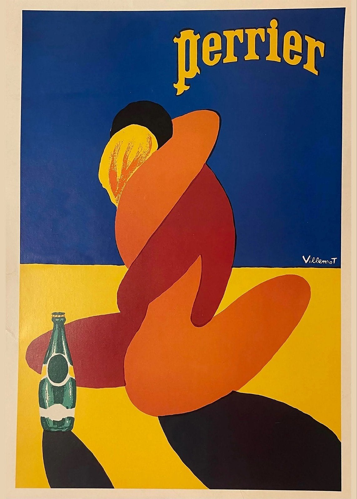 Vintage Perrier Poster - Villemot Design, Ophalen of Verzenden, A1 t/m A3, Reclame, Rechthoekig Staand