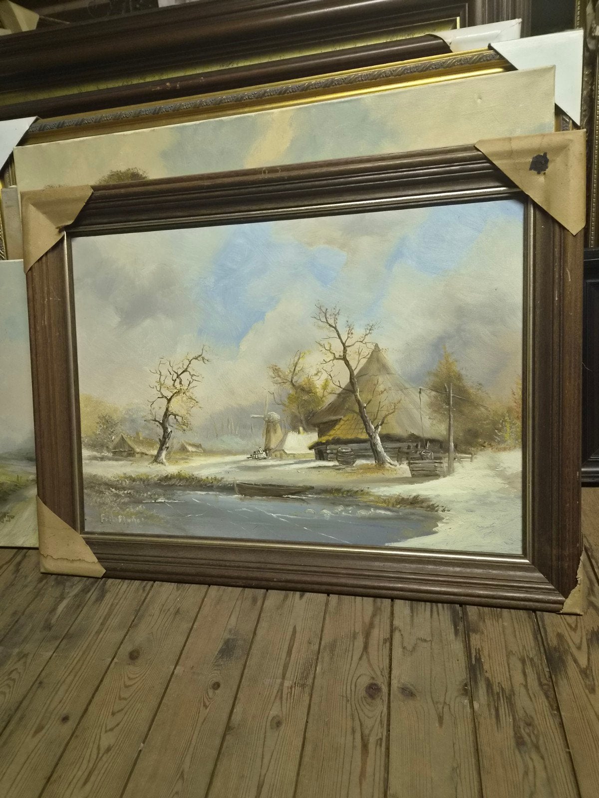 Schilderij Hollands winterlandschap met molen en boerderij, Ophalen of Verzenden