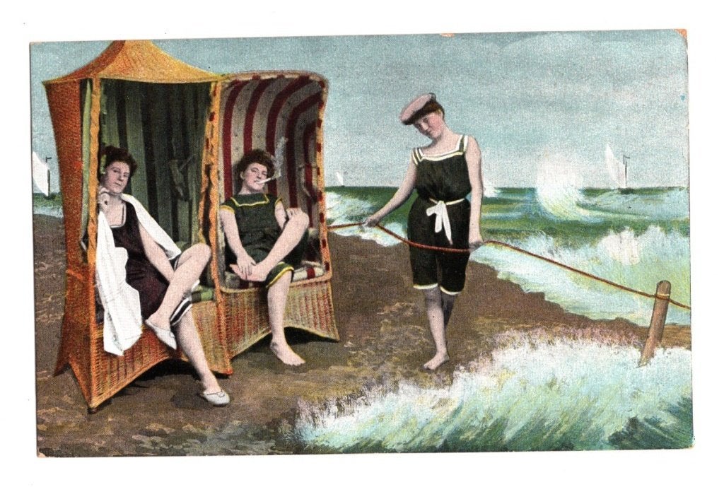 Antieke Fotokaart Strandstoel Baadster Ongelopen, Ophalen of Verzenden, Voor 1920, Ongelopen