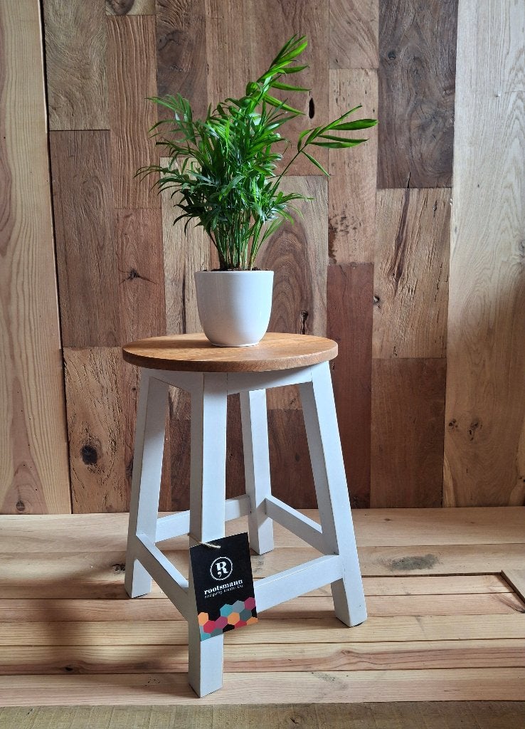 Houten kruk met wit onderstel en houten zitting, Ophalen, Nieuw, Hout