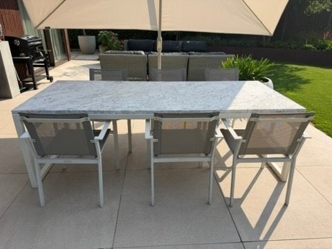 Tuin Eettafel 6 persoons met Marmeren blad, Ophalen, Gebruikt, 100 tot 150 cm, 200 cm of meer